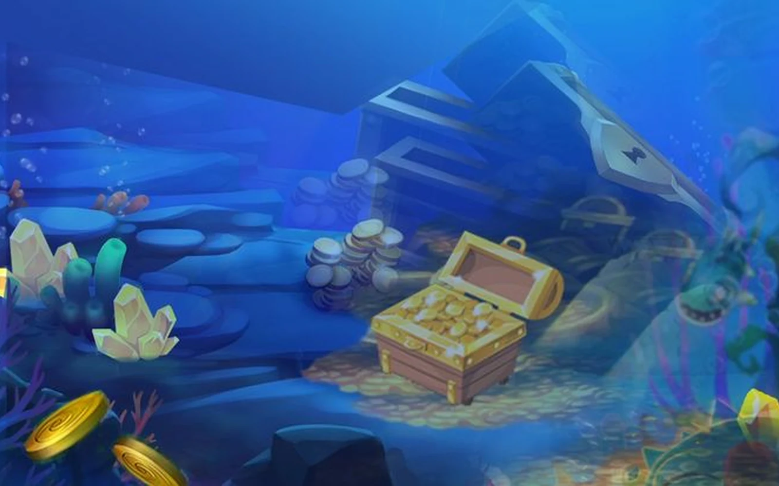 ฉากเกมยิงปลาแสดงเป้าหมายใต้น้ำหลายขนาด